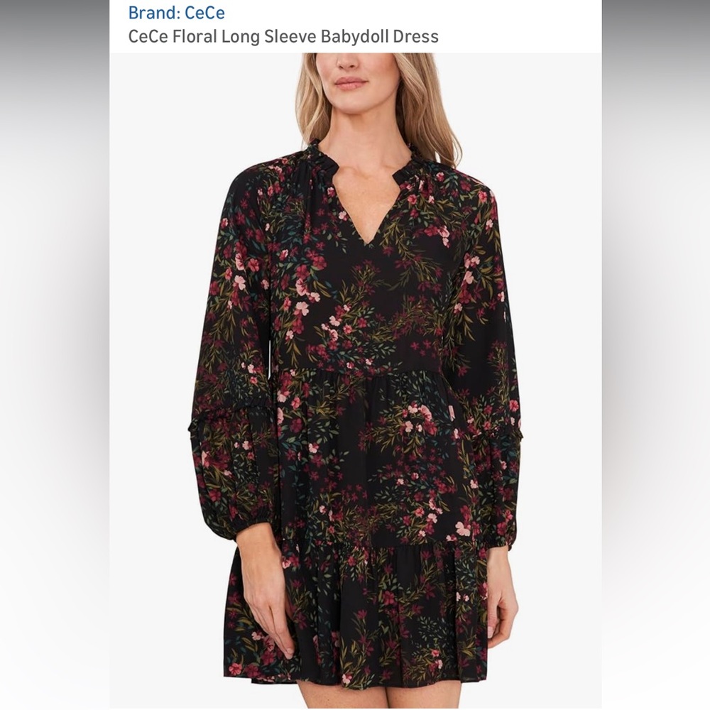 CeCe Black Floral Ruffle Tiered V-Neck Dress